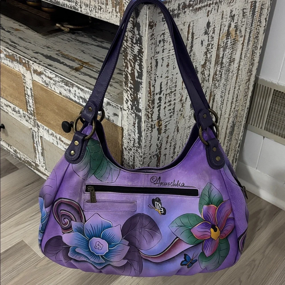 ANUSCHIKA India Purple Leather Floral‎ Triple Compartment Large Satchel Bag